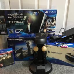 PlayStation 4 vr bundle
Includes:
Thrust master
PlayStation vr(includes vr controllers)
Vr gun
Vr charging dock
Comes with one game resident evil
Vr camera for vr
All wires included
NO TIME WASTERS