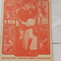 Ian Callaghan 1974 Liverpool Echo Sports Personality.

Adelphi Hotel Monday 4th March 1974.

Variety Club of Great Britain Gala Dinner Men

Ian Callaghan 1994 Liverpool Echo Merseyside Sports

Personality of theYear.

The Menu is signed by Ian Callaghan, Bill Shankly the

manager that put LIVERPOOL on the road to glory, Ian St

John,

Tommy Smith, Bob Lord Vice Chairman of the Football League

and manager of Burnley, and two more but can`t remember

there names, i did attend the banquet and got the signatures

myself so i know that they are genuine.

This is a rare opportunity to get yourself a piece of LFC history

from a legendary team player of the 1970s.

This would make a great collectors item and would be really

special and very rare in fact a one off.

PLEASE MAKE AN OFFER AND I WILL CONSIDER IT.
I ONLY PUT THE £500 THERE BECAUSE WOULD NOT LET ME PUT OFFERS IN THE PRICE
SPACE.

CASH ONLY ON PICK UP.

ANY QUESTIONS FEEL FREE TO ASK.