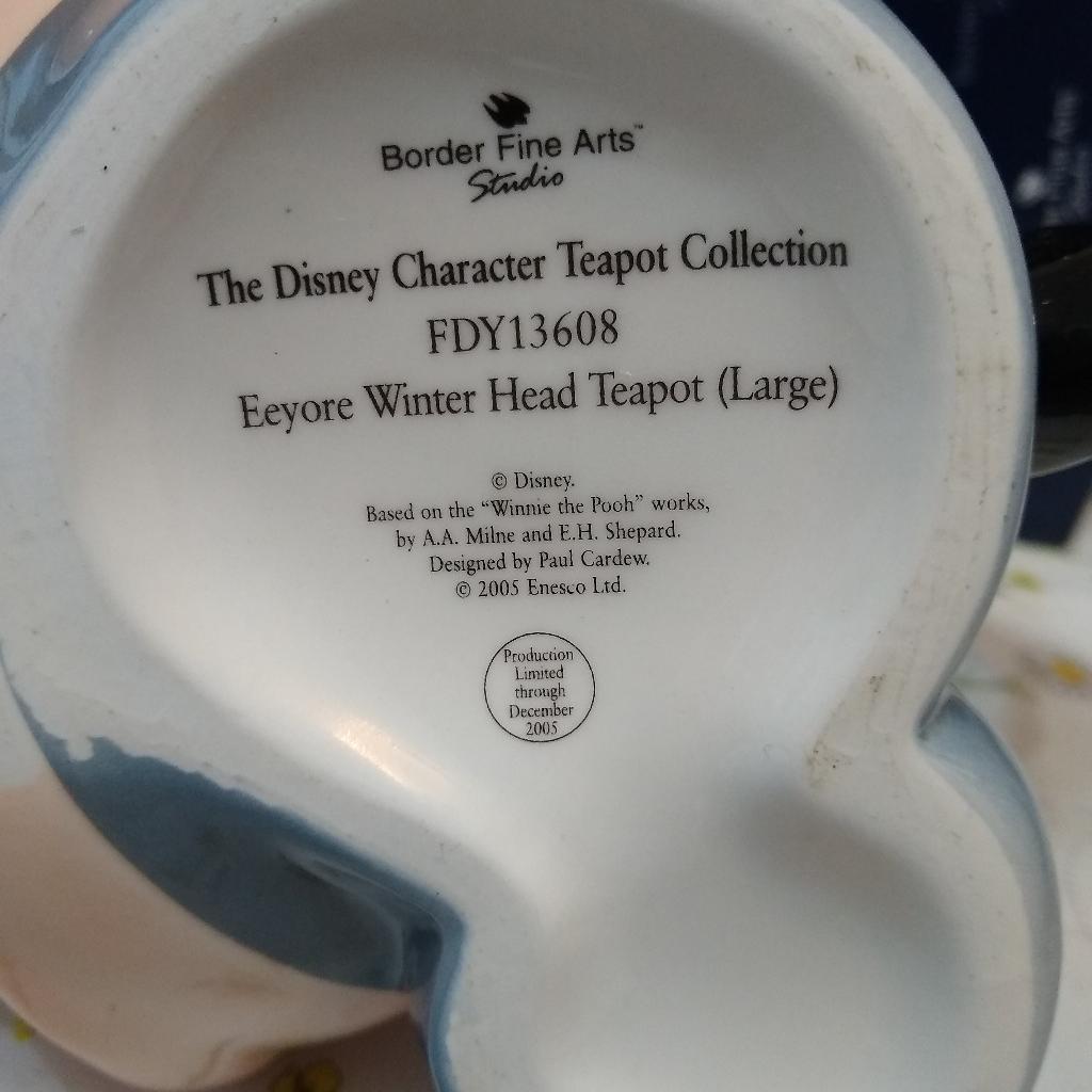 boxed new large Eeyore in winter teapot border fine arts.
excellent addition to collection