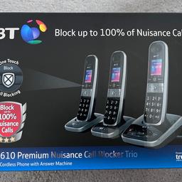 BT8610 model with Premium Nuisance Call Blocker

Triple (3) handset set

Home or business telephone

Digital cordless phone with answer machine

Great for business use as it comes three handsets including internal call transfer

Black and silver colour

Used but in excellent and clean condition

Comes with box and instructions

Can be a life saver in the event of an emergency as it functions even with a power cut, wifi outage or telephone network outage

Up to 21 hours talktime and 240 hours standby battery time

200 name memory

Up to 50m indoor and 300m outdoor reception range

Backlit keyboard

Colour display

Excellent sound quality without loss of signal like you get on mobile phones

Do not disturb mode

9 speed dial numbers

Collection only from W12 Shepherds Bush