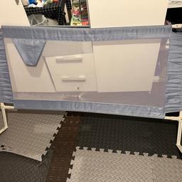 use condition baby bed guard. this will fit a king size bed please look at photos as one of the bed guard has been damaged but has been stitched up and repaired. it also has wear and tear but does not affect the use of that.