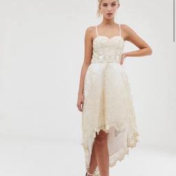ASOS Chi Chi London Premium cream & gold Lace Bardot Prom / cocktail Dress with Extreme High Low Hem - size 10 brand new RRP £75