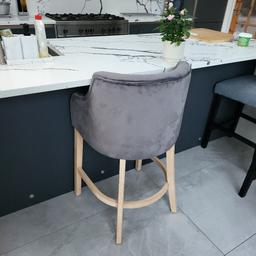 hi, I have 2 bar stools in velvet,  grey , all brand new in boxes (2 in a box). very sturdy, stylish and comfortable chairs, collection from Acocks Green B27. £45 a chair. must go in pairs. there is a front foot rest that needs to be connected. thanks