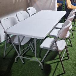Please note collection is from Unit four gym Phillips Street B6 4pt Aston.
Delivery can be arranged for a small fee depending on your location Please text or call to arrange collection 
07988976133

Brand new boxed. 6ft Folding Table.and 6 chairs 
Think of the ways you can use our Folding Multi-Purpose Table and chairs in your home. For family and friends get-togethers, celebrations, and parties, it's the ideal extra table to sit at or serve food on, both indoors and outside. Plus, it folds away afterward to save space.

It has a hardwearing HDPE top that’s smart enough as a buffet table at a formal function. The rigid metal legs are powder-coated for extra protection. Plus, the cross-braces make it super sturdy and strong enough to be used as a workshop storage bench and for car boot sales.

Size (W) 180cm (D) 74cm (H) 74cm