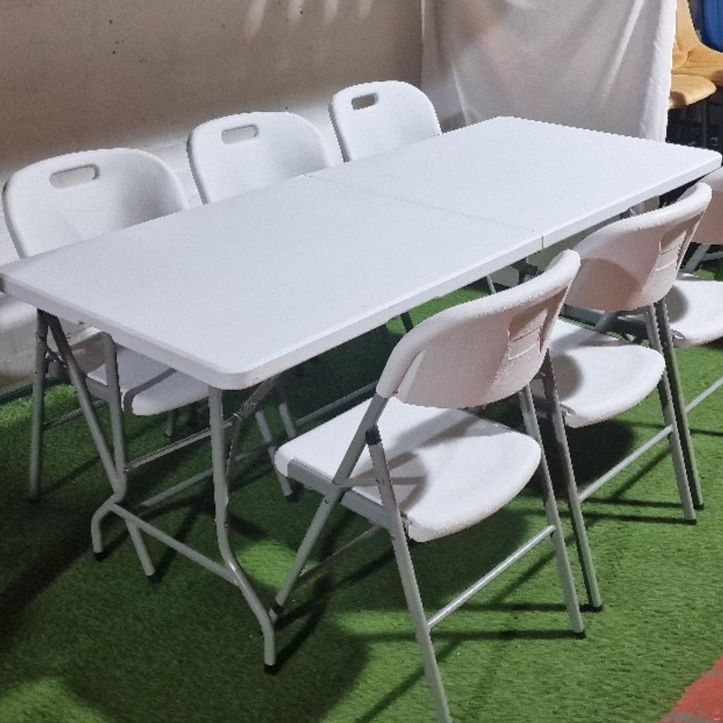Please note collection is from Unit four gym Phillips Street B6 4pt Aston.
Delivery can be arranged for a small fee depending on your location Please text or call to arrange collection
07988976133

Brand new boxed. 6ft Folding Table.and 6 chairs
Think of the ways you can use our Folding Multi-Purpose Table and chairs in your home. For family and friends get-togethers, celebrations, and parties, it's the ideal extra table to sit at or serve food on, both indoors and outside. Plus, it folds away afterward to save space.

It has a hardwearing HDPE top that’s smart enough as a buffet table at a formal function. The rigid metal legs are powder-coated for extra protection. Plus, the cross-braces make it super sturdy and strong enough to be used as a workshop storage bench and for car boot sales.

Size (W) 180cm (D) 74cm (H) 74cm