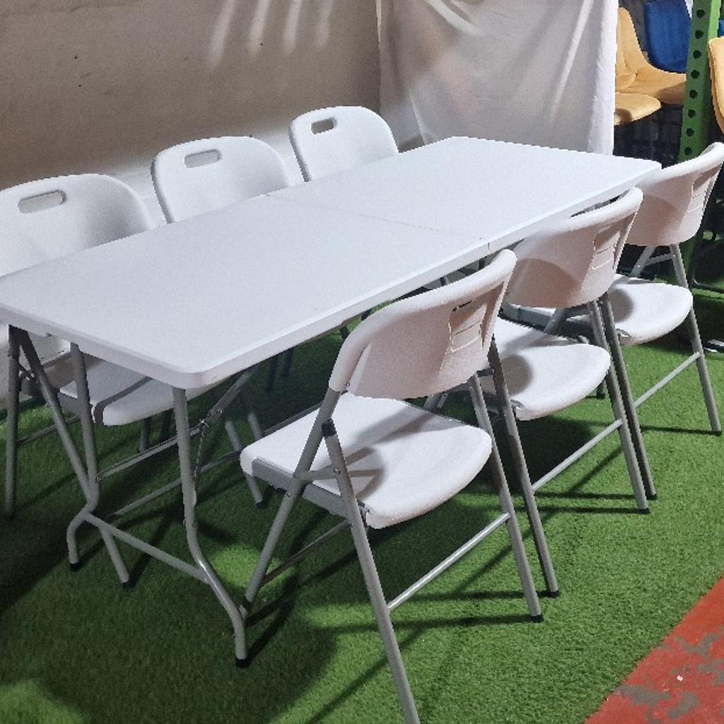 Please note collection is from Unit four gym Phillips Street B6 4pt Aston.
Delivery can be arranged for a small fee depending on your location Please text or call to arrange collection
07988976133

Brand new boxed. 6ft Folding Table.and 6 chairs
Think of the ways you can use our Folding Multi-Purpose Table and chairs in your home. For family and friends get-togethers, celebrations, and parties, it's the ideal extra table to sit at or serve food on, both indoors and outside. Plus, it folds away afterward to save space.

It has a hardwearing HDPE top that’s smart enough as a buffet table at a formal function. The rigid metal legs are powder-coated for extra protection. Plus, the cross-braces make it super sturdy and strong enough to be used as a workshop storage bench and for car boot sales.

Size (W) 180cm (D) 74cm (H) 74cm