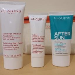Clarins body care set+zip bag.  (100ml Body scrub/ 50ml foot cream/75ml after sun balm)