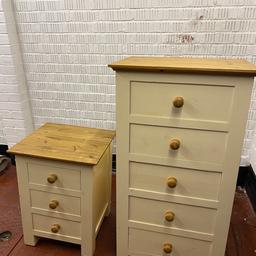 Set of 2 bedroom draws cream with oak tops and knobs comprises of one with 3 draws Height 25 1/2” Width 19” Depth 18”one with 5 draws Height 44” width 24 1/2” depth 18”