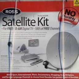 Unopened Boxed Ross Satellite kit.

Everything to receive FREE-TO-AIR Digital TV anywhere in the UK & Eire More channo one from There are over 220, plus over 100 radio stations.

Option of foreign language channels from all over the world.

RS-232 Connector for uploading the latest firmware.

Kit Includes:
Remote Control requires 2AA batteries (included).

Fully adjustable Satellite Dish

Wall mounted kit included for easy installation.

Full Instructions.

Above description taken from the box,
