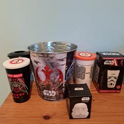 Cinema popcorn bucket 
3 cinema cups (1 magnet missing, no straws)
1 new 500ml glass (box says 500ml pint glass)
1 new soap on a rope

Collection only Tamworth