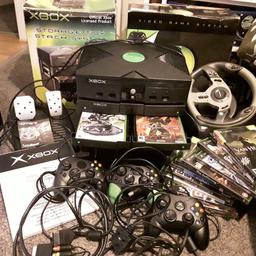 XBOX original bundle
Console, storage for games and controllers
3 controllers, all cables and instruction manual
14 original games plus
Steering wheel and foot pedals
Original boxes. Works great
Collection only £75