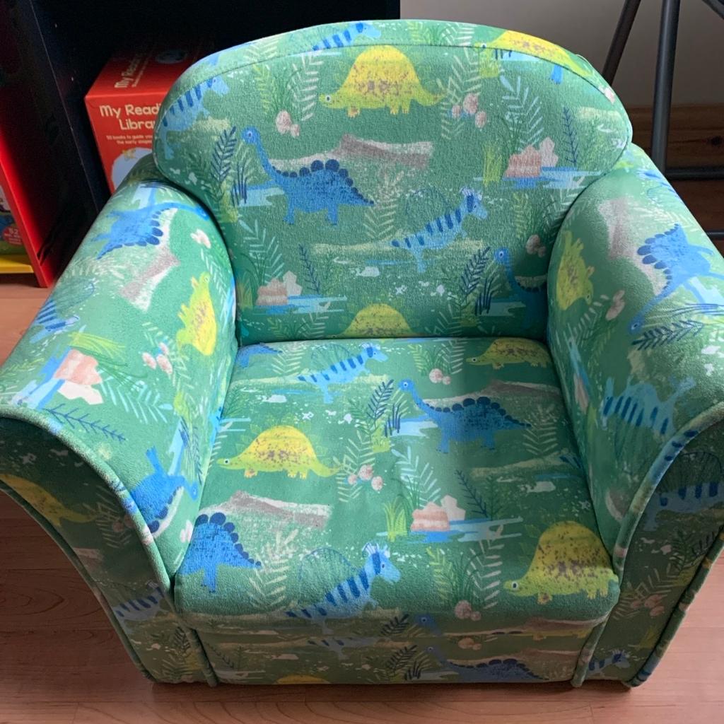 This mini armchair decorated with cute dinosaurs is perfect for your little one! 44cm off the floor. Comfortable and Lightweight so can be moved around the house, your child will always have an adorable seat to sit on.
The chair external cover is bright green with a soft velvet finish and its interior a durable wooden frame. It comes Fully assembled so no DIY required!
No stains or marks. No damage. Just standard wear and tear.
