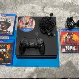 PlayStation 4 Slim 500GB 4 Games All Wires PlayStation 4 Slim 500 GB All in good working condition and in good order. Has 4 games including GTA V and all works. Controller is also in working condition with all of the charging wires too. Please get in touch and let me know if you are interested. Thank you