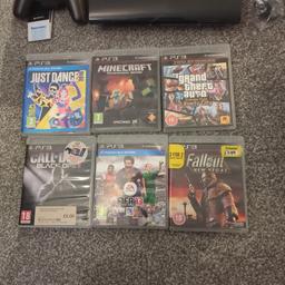 PlayStation 3 console and 2 controllers as seen in picture
6 games as in picture
FIFA 13 unopened
Minecraft game inside plastic broken but doesn't affect game
box damaged