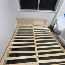 Kind size double bed in a good condition. There is a small design manufacturer issue where the wooden strips at the head part is not possible to be fixed without extra modifications (check the picture for more clarification). However, the bed still can be used even with the issue.