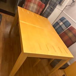 Pine Table 136 cm long (166 cm with 30 cm extension) 91 cm wide, 76 cm high, some surface scratches.

Table and only does NOT include chairs etc