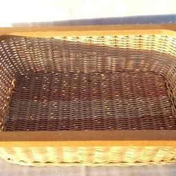 Wicker Basket Storage.
Medium To Large Sized Wicker Woven Basket With Beechwood Edges.

Approximate measurements:
Length 46 cm/18"
Width 32 cm/12.5
Height 18 cm/7"

Measure tomorrow.

Can be used in a existing stack drawer system.