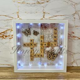 Personalised frame £17 for 4 names, £1 per name after that, extras: crystals in base £3, fairy lights £4. Can be ready for next day posting (depending on time ordered), please message for details thank you.