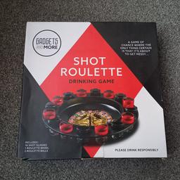 Roulette drinking game, includes 16 shot glasses, roulette wheel and two roulette balls. Instructions printed on box. Brand new, in excellent condition, from a pet and smoke free home.

Great for family, Christmas or New Year parties.