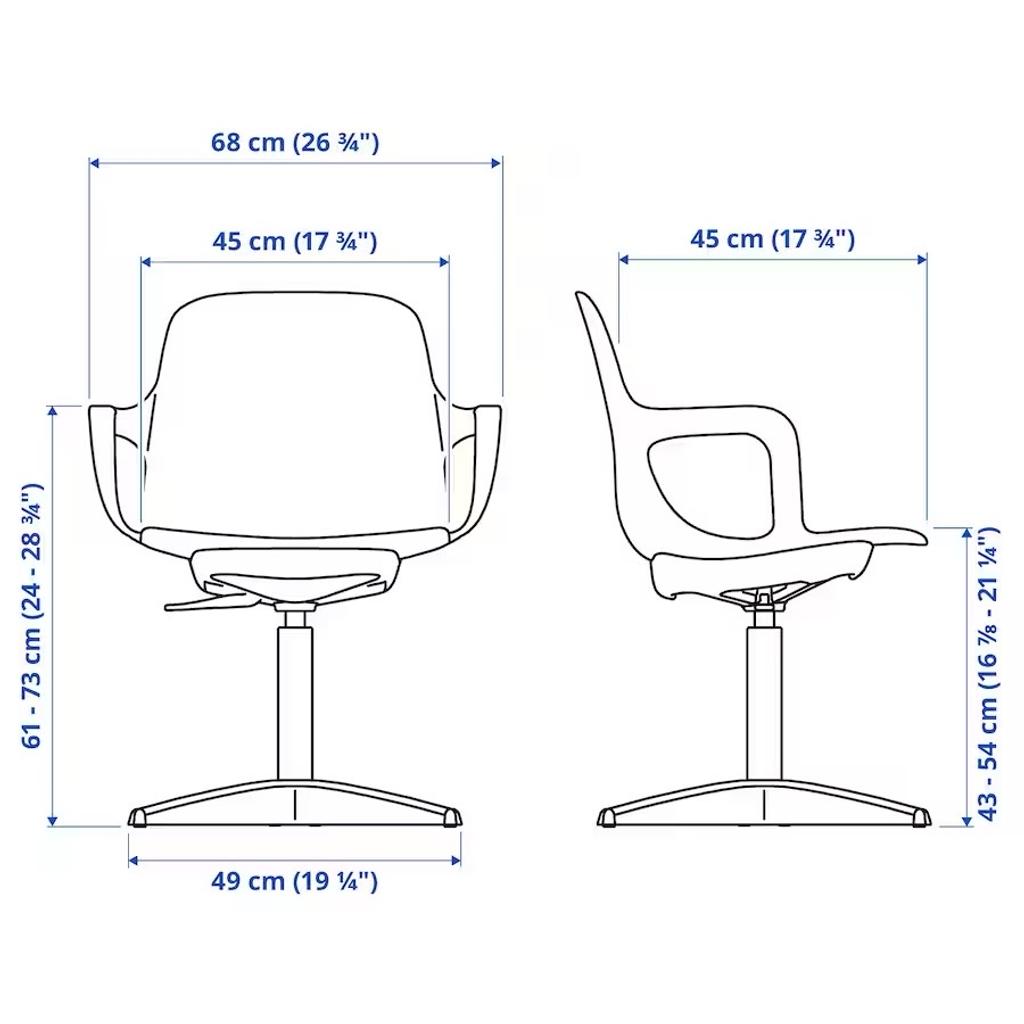 Hallo,

biete hier einen Dreh- bzw. Schreibtischstuhl der Marke „IKEA“, Modell „Odger“ in weiß/beige zum Verkauf an. Wurde selten benutzt, mit minimalen Gebrauchsspuren. Guter bis sehr guter Zustand.

„Einfaches Design mit gutem Komfort. Der schalenförmige Sitz und die geformte Rückenlehne machen den ODGER Drehstuhl so bequem. Dank der verstellbaren Höhe und der Drehfunktion findest du leicht die ideale Sitzposition.“

Maße bitte dem letzten Bild entnehmen.

Biete ebenso noch einen schwarzen Rattanstuhl von IKEA, Modell „Holmsel“ zum Verkauf an. Gerne beide zusammen abzugeben.

Nur Abholung.

*Privatverkauf, daher keine Rückgabe*