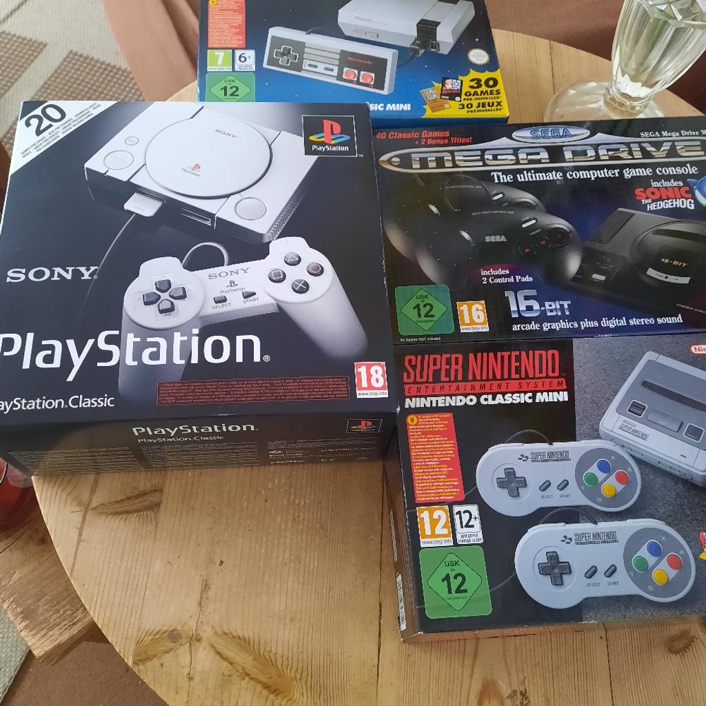 Selling my collection of Nintendo classic mini, Sony PlayStation classic, Sega mega drive mini, and Super Nintendo classic mini. All 4 consoles are brand new, boxed, sealed and never opened. Grab a BARGAIN! You can buy the four consoles as a bundle and save money or individually. Click on my pic to see more things I'm selling at BARGAIN prices. I'm a genuine seller, see my reviews. Due to this bundle being a high value item, I will ONLY accept cash on collection or bank transfer. Cheers!