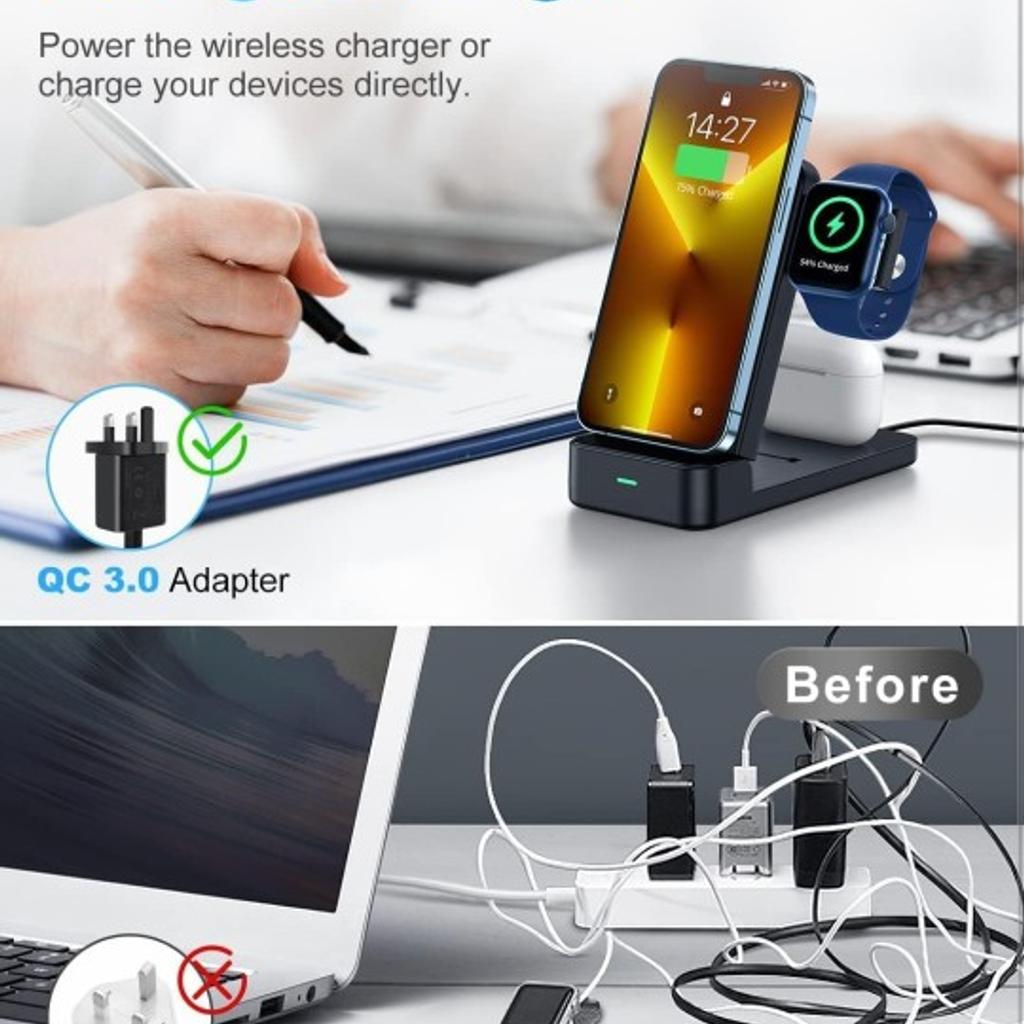 3 in 1 Wireless Charging Station, Foldable Wireless Charger Stand Fast Charging Station for Multiple Devices, Portable Charger Compatibles with iPhone 13/12/11/XS/XR Series, AirPods, iWatch, Samsung See less
18 watts
USB Type C
12 Volts