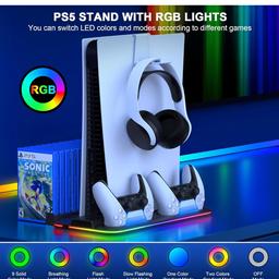 HEYLICOOL PS5 Cooling Stand for PlayStation 5 Slim/Disc/Digital with RGB Light,PS5 Accessories Dual Controller Charger Station with 3 Levels Cooling Fan, Headset Holder,15 Game Slots