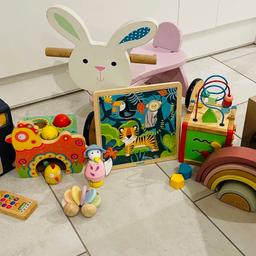 All Wooden Children’s Toy Bundle. Blocks, Shapes and Sorting For 1-3 Years. Nine items includes Janod blocks (20 pieces), Djeco ‘whackamole’ chicken (2 balls, 1 mallet), Djeco jungle puzzle, Beatrix Potter duck, bee smart number ‘phone’, Plan Toys flexi-car and ELC puzzle cube. Also includes a wooden bunny trike. Entertaining, fun and educational. Played with moderately and in decent condition. Two items still boxed.