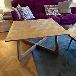 Large wooden square coffee table 34” (18” high)

Beautiful patterned woodwork on top. In great condition baring a small chip on one corner  (have shown in pic)