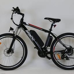 Verkaufe hier Myatu E-Bike schwarz 26 Zoll E-Bike Heckmotor mit 36V 12,5AH Batterie und Shimano 21 Speed, 21 Gang, Kettenschaltung, Heckmotor ab 16 Jahren, 21-Gang-Gänge,sind langlebiger und effizienter.Zulässiges Gesamtgewicht110 kg.Bremsen sollten erneuert werden sonst ist es in top Zustand und voll funktionsfähig. 
Das Mountainbike/Trekkingbike für Damen und Herren ist mit stärkerem Hinterradnabenmotor ausgestattet, um ans Ziel mit bis zu 25km/h Geschwindigkeit leichter zu kommen. 
Siehe Bilder zum selbstabholen keine Garantie oder Umtausch möglich.