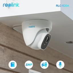 Reolink RLC-520A has the following specifications:

Resolution: 5 Megapixels (2560x1920)
Lens: f=4.0mm Fixed, F=2.0
Field of View: Horizontal: 80°, Vertical: 58°
Night Vision:Up to 100 feet (30 meters)
Video Compression: H.264
Frame Rate: Main Stream: 2560x1920@20fps; Sub Stream: 640x480@20fps
Audio: Built-in microphone for audio recording
Power: Power over Ethernet (PoE 802.3af).
Weatherproof: IP66, Smart Motion Detection, Accessible via Reolink app or web brower, supports microSD card (256GB)