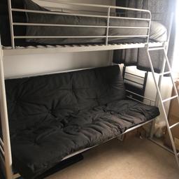 Futon Bunk Bed

Width - Open 201cm - Closed 201cm
Depth - Open 177.5cm - Closed 164cm
Height - Open 165cm - Closed 165cm

Futon on bottom bunk doubles up as a mattress double bed (can be seen in pictures).

Bought a year ago and has been used 3 times.

Excellent condition.

Minor scratches from when it was being put together.

Mattress on top bunk has been used 3 times. Excellent condition. There is a small rip in the mattress on the bottom of it (can be seen in pictures).

Will take it apart before collection or on the day if you want to see it standing first.

Open to reasonable offers.