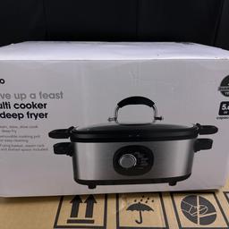 Brand new, never used. Colour is silver and black. Multi purpose cooker and deep fryer. 5.6 ltr capacity.