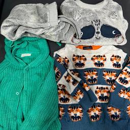 Next baby clothes bundle in very good condition 4 items top and bottoms grey 6/9 months green button cardigan 6/9 months tiger jumper 3/6 months