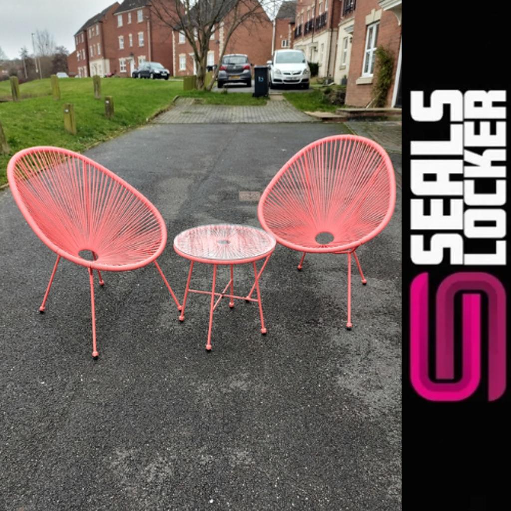 New Boxed Salsa Bistro Lounge Set In Coral

Collection Only

These will need to be put together as these are still boxed.

5 in stock

This retro style Bistro garden set comprising of 2 chairs and a table with glass top for both indoor and outdoor use is ideal for conservatories, patios, gardens or even as a showpiece in your home.

The egg shaped seats feature a rattan string weave on a robust frame made of powder coated steel to provide excellent support and comfort.

Sold By Seals Locker