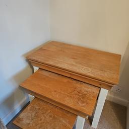 The 3 side tables match the TV unit that is also for sale. The colour is more if a off white cream.
They will be as good uith the tops refurbished. Legs and other paint work are in excellent condition.