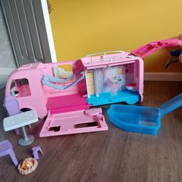 Barbie campervan with quite a few accessories. One more little pink stool to locate to match the purple one!