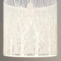 H26cm x Dia 26cm, weight 530g
Recommend bulbs 40W or 42W Eco Halogen or 5-7W LED.

Easy fit lampshade can be attached to a normal ceiling light pendant.

White metal cut-out woodland design, named Devon, gives a lovely pattern on ceiling/wall.

Still retails in John Lewis for £50 each.

Can reduce price for multiple shades.

From a smoke and pet-free home.