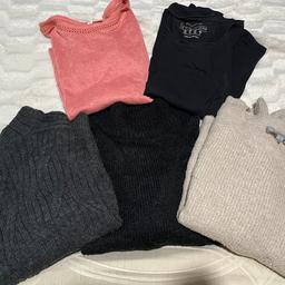 3 jumpers and 2 T-Shirts.

H&M Size Large Peach, short sleeve thin sweater style t-shirt/top.

Hardly worn in almost new condition.

Primark Size 12 long sleeve black stretchy t-short. While taking pics I almost wished I hadn’t included it when I saw bleach stains on sleeves. If you don’t want me to include this pls let me know as it will not be reflected in price either way. Can be used for lounging, sleeping, cleaning or just under jumpers.

Mango Size Medium grey jumper. Some piling to front but very cozy

New Look Size large high neck black jumper. Some piling but plenty of wear left.

Asos Size 12 beige jumper. Some signs of wear but overall in good condition.