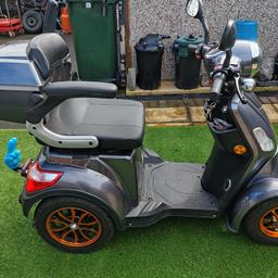 MODERN MOBILITY SCOOTER WITH CHARGER VERY EASY TO USE
THIS HAD HAD THE LITHIUM BATTERY REMOVED AND REPLACED WITH BRAND NEW LEAD ACID BATTERYS DUE TO THE FIRE RISK ASSOCIATED WITH LITHIUM BATTERIES
SO FIRE RISK NOW REMOVED. 
HAS 3 MAX SPEED SETTINGS 4 / 8 / 15 FOR WHEN USING ON PATHS, IN SHOPS, AND ON THE ROADS.
HAS FULL LIGHTS WITH INDICATORS, BRAKE LIGHTS, MIRRORS, ARMRESTS, BACK BOX, AND IS ALSO BLUETOOTH WITH FITTED SPEAKERS SO YOU CAN PLAY MUSIC OFF YOUR PHONE WHILE DRIVING ALONG.
FULL REMOTE CONTROL ALARM SYSTEM WITH KEY FOB
THIS ALSO HAS A FITTED TOWBAR (REMOVEABLE) FOR TOWING TRAILERS, SEE PICS.
ALWAYS GARAGED WHEN NOT IN USE (NEVER LEFT OUTSIDE)
FULL DIGITAL DISPLAY WITH SPEED AND CONTROLS
THIS HAS DONE LESS THAN 200 MILES AND IS STILL LIKE NEW. TEST DRIVES WELCOME.
FIRST TO SEE AND TRY WILL BUY.
BARGAIN ONLY £995 ono (COST WELL OVER 2 GRAND NEW)
COLLECTION ONLY FROM MORECAMBE LA31AY
NO DEALERS !