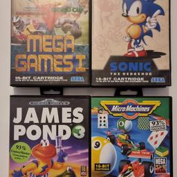 Bundle of 4 Sega Megadrive Games. Priced individually or with a reduction for the bundle.

James Pond 3 £12
Mega Games 1 £6
Micro Machines £15
Sonic The Hedgehog £10