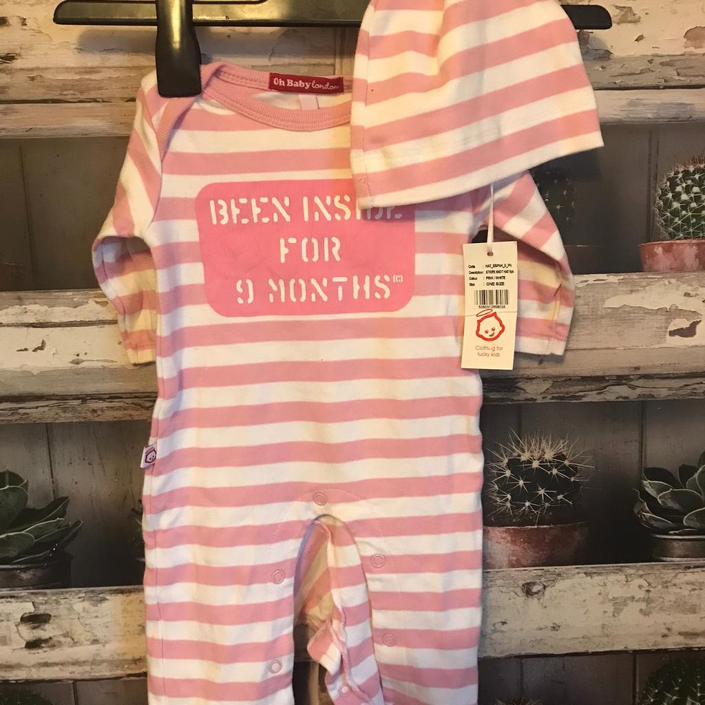 THIS IS FOR A BRAND NEW PAIR OF DRESSES

1 X PINK AND WHITE STRIPS WITH LOGO "BEEN INSIDE FOR 9 MONTHS" COMES WITH MATCHING HAT - NEVER WORN - THE BODY SUIT HAS BEEN WASHED BUT THE HAT COMES WITH ORIGINAL TAG

PLEASE SEE PHOTO