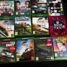 Various games including:
Project Cars - Game of the year edition 
Forza Horizon 4 
Forza Horizon 3
Forza Horizon 2
FIFA 19 
FIFA 21
The Crew 2 
The Crew 
Minecraft
Dirt Rally 2.0
F1 2019
Just Dance 2020