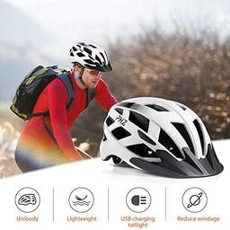 BN PHZING Bicycle Helmet with Safety LED Light Bike Cycle Road Mountain Skateboard Scooter Hoverboard CE Certified Adjustable Helmet for Adult Men & Women With Detachable Visor Inner Pads.  Size L - （Color:  White & Black)
Reflective Tape & Adjustable Straps
Removable Sun Visor
Light Emitting Material
Superior Impact Resistance
Breathable
Ventilation
Detachable Insect Net Lining 
Ultra Light EPS Foam
360 Degree Regulator
Insect Proof
USB Rechargeable Taillight
Fully Chargeable in 3 Hours
Sweat Absorption Chin Pad
Chin Buckle
Fixing Strap
Reduces Windage
3 Modes: Fast Flashing, Slow Flashing, Normal On
Bag Style Backpack
Colour:  White
Style:  Hard Shell
Age Range:  Adult
Size:  L (22.8-24.01 in/59-61cm)
Outer Material:  Polycarbonate (PC)
Recommended Uses:  Cycling, Scooter
Inner Material:	 Expanded Polystyrene
Materials:  EPS & PC	

X 1 Bike Helmet with Detachable Tail Light 
X 1 Detachable Visor
X 1 Detachable Insect Net Lining  
X 1 Back Pack Style Bag
X 1 USB Cable