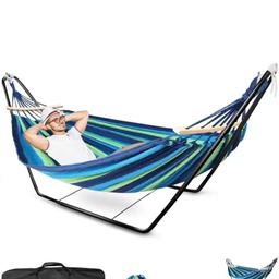 Hammock with Stand, Double Cotton Hammock with Spreader Bars, Space-Saving and Adjustable Steel Stand Perfect for Garden Camping Travel Backyard, including Portable Carrying bag and Easy Set up