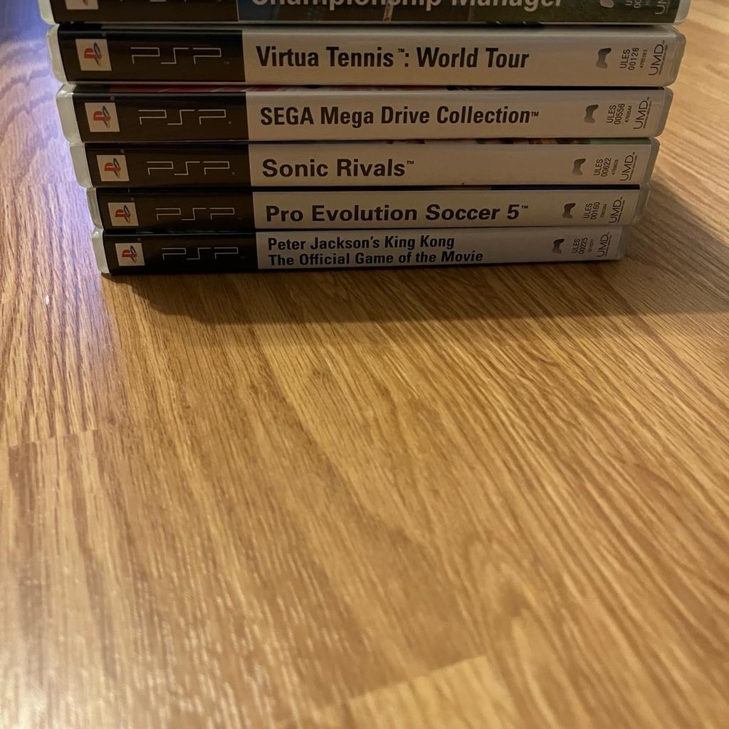 6x Sony PSP games;

Peter Jackson’s King Kong

Sonic Rivals

Pro Evolution Soccer 5

Virtua Tennis

Championship Manager

Sega Mega Drive Collection

All games come as a set, not sold individually