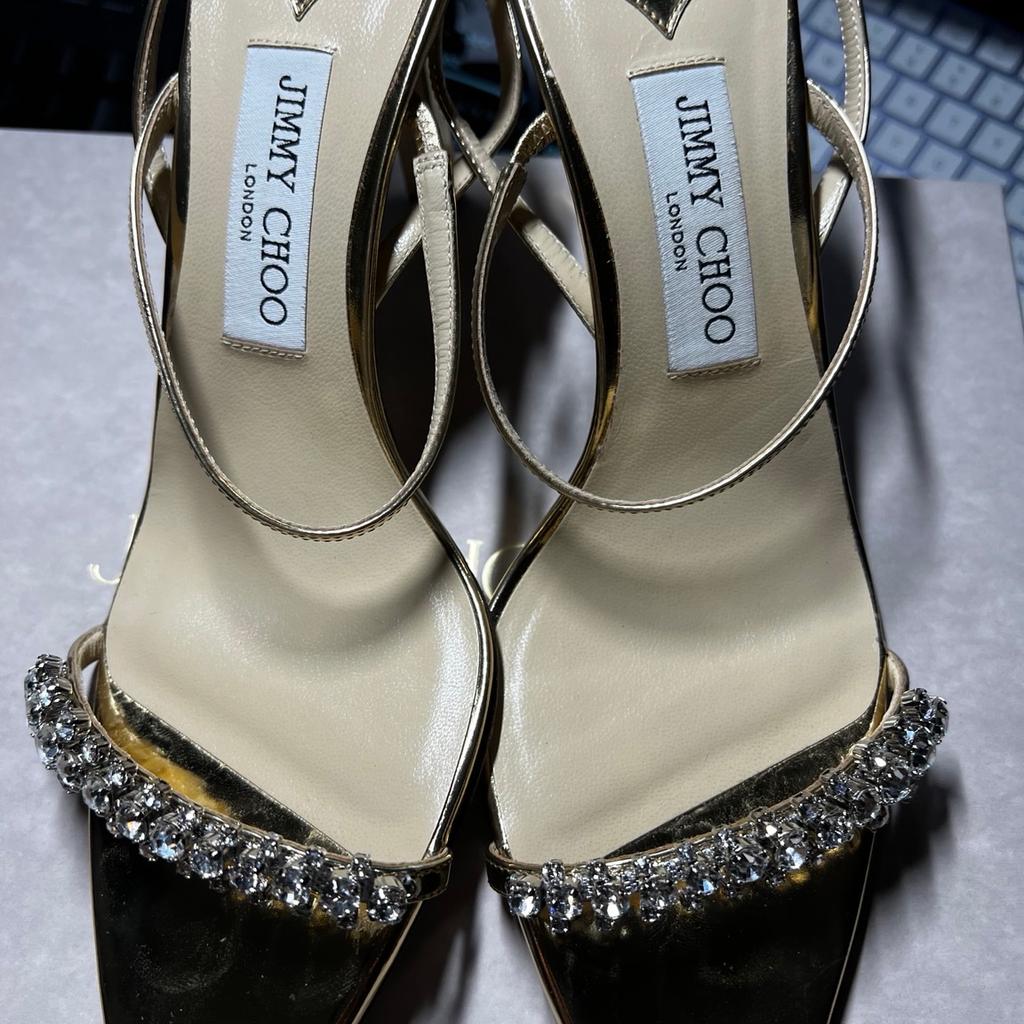 Jimmy Choo embellished sandals - gold sandal with crystal embellishment, stiletto heel 8.5cm. Buckle fastening. Used once in great condition with all original packaging. RRP £850