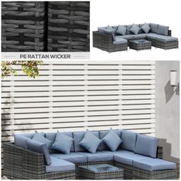 Eight-piece set: The 8 piece rattan garden furniture set is formed of two corner seats, four middle seats, a footstool and a coffee table.
Aluminium frame, wrapped in rattan.Removable and washable covers.
Bought last summer, sofa kept under gazeboans cushions in storage. Comes with a rain cover. Original price is more than £1000#valentine
