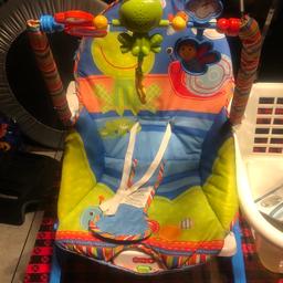 Very good condition 
Working condition 
Does require batteries
Exciting vibrant colours
Turns into a small bed for the toddler to sleep
Safety belts
Hanging toys to engage baby/ toddler
Unisex
Great gift for loved one
Slight tear hence price reduced
Been sanitized
Collection from pet and smoke free home