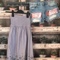 THIS IS FOR A REALLY PRETTY GIRLS DRESS - PALE BLUE AND WHITE CANDY STRIPS WITH FLOWERS AT THE BOTTOM OF THE DRESS

ALSO A PAIR OF DENIM ZARA SHORTS WITH VERY COOL THEME

BOTH WORN FOR A TWO WEEK HOLIDAY SO IN EXCELLENT CONDITION

PLEASE SEE PHOTO